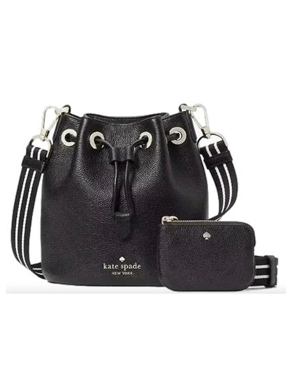 kate spade Black Pebbled Leather Drawstring Bucket Crossbody with Striped Strap
